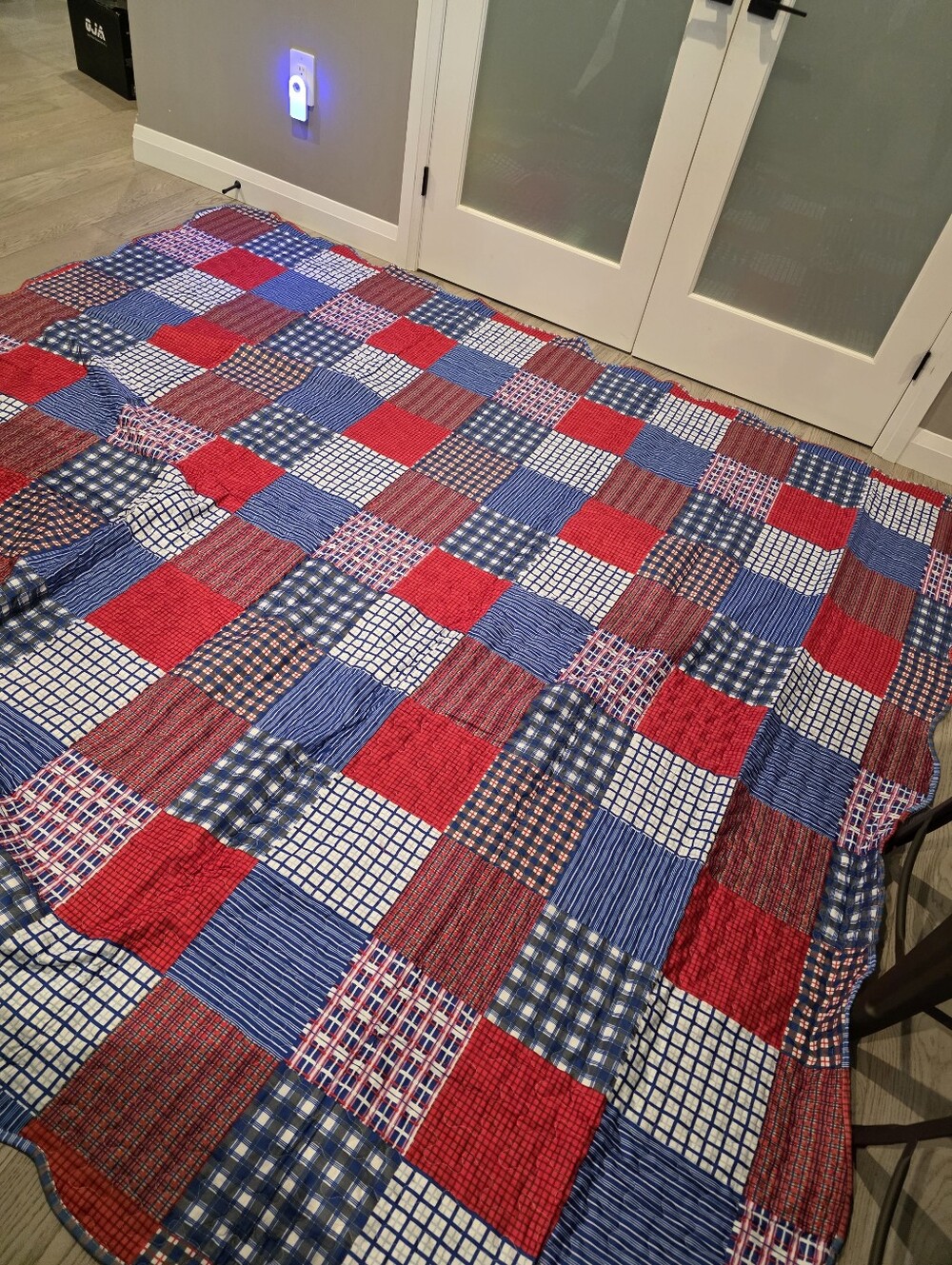 Patchwork Quilted Bedspread - Red, Blue, White